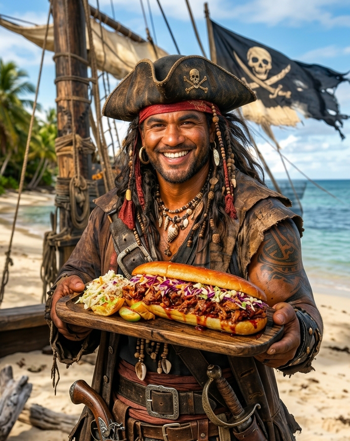 Pirate crew member serving food aboard Whale Tale