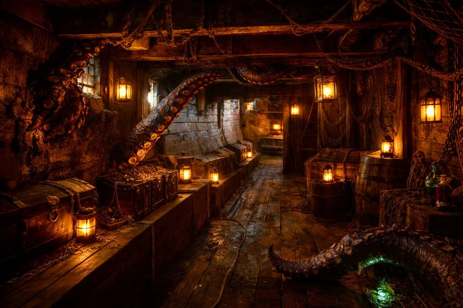 Inside the vibrant Whale's Tale pirate ship