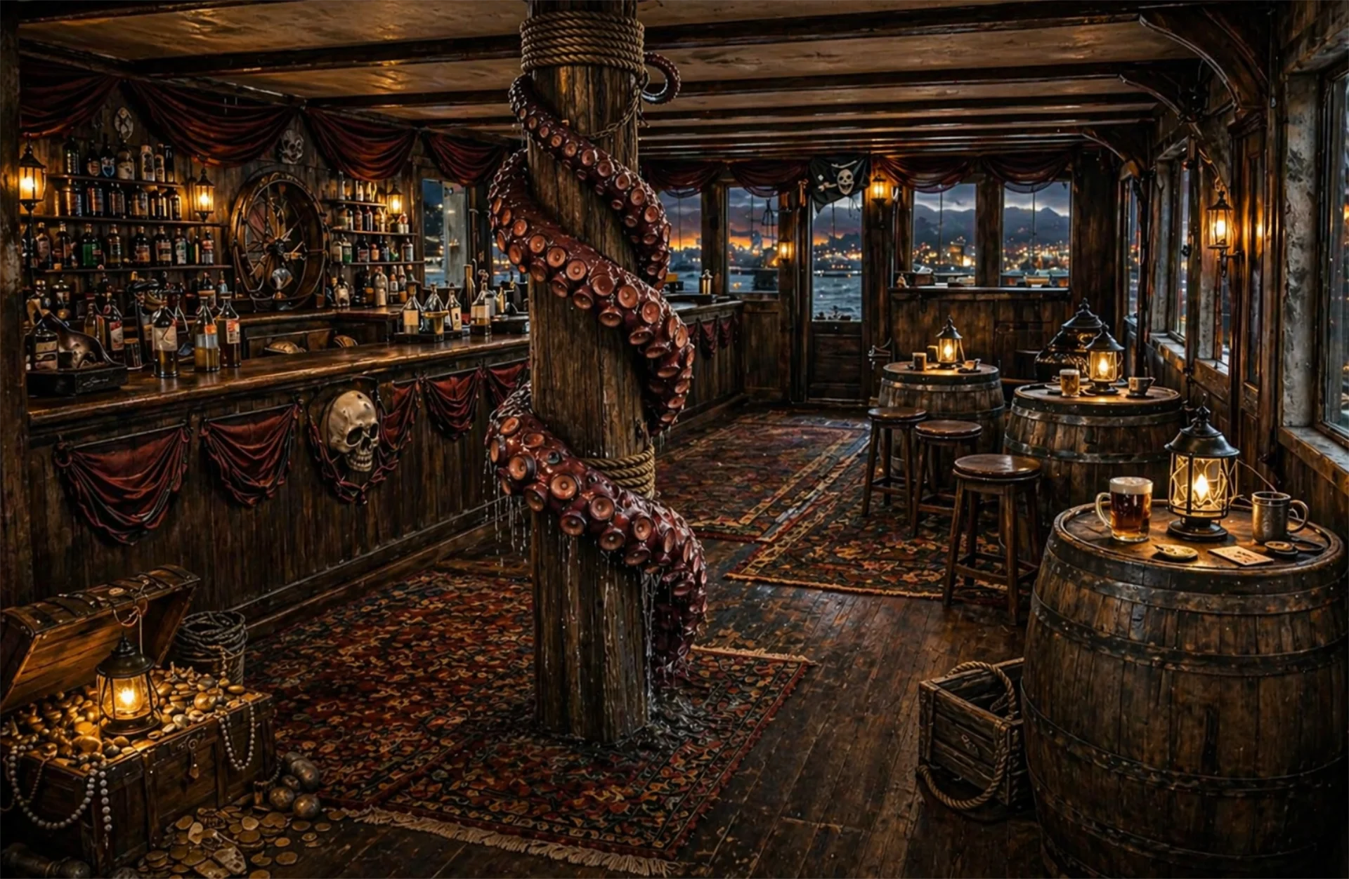 Lantern-lit Kraken's Hold aboard Whale's Tale