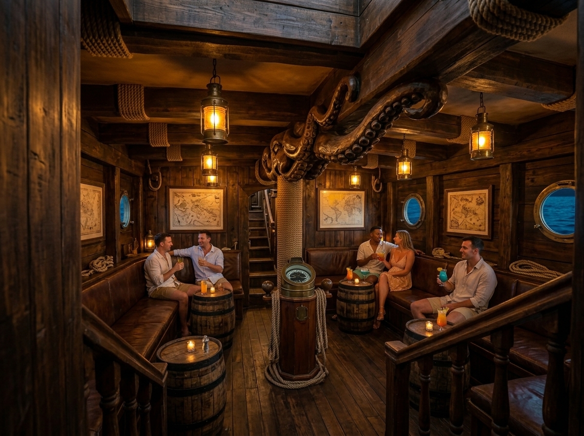 Neptune's Tavern bar aboard Whale Tale at dusk