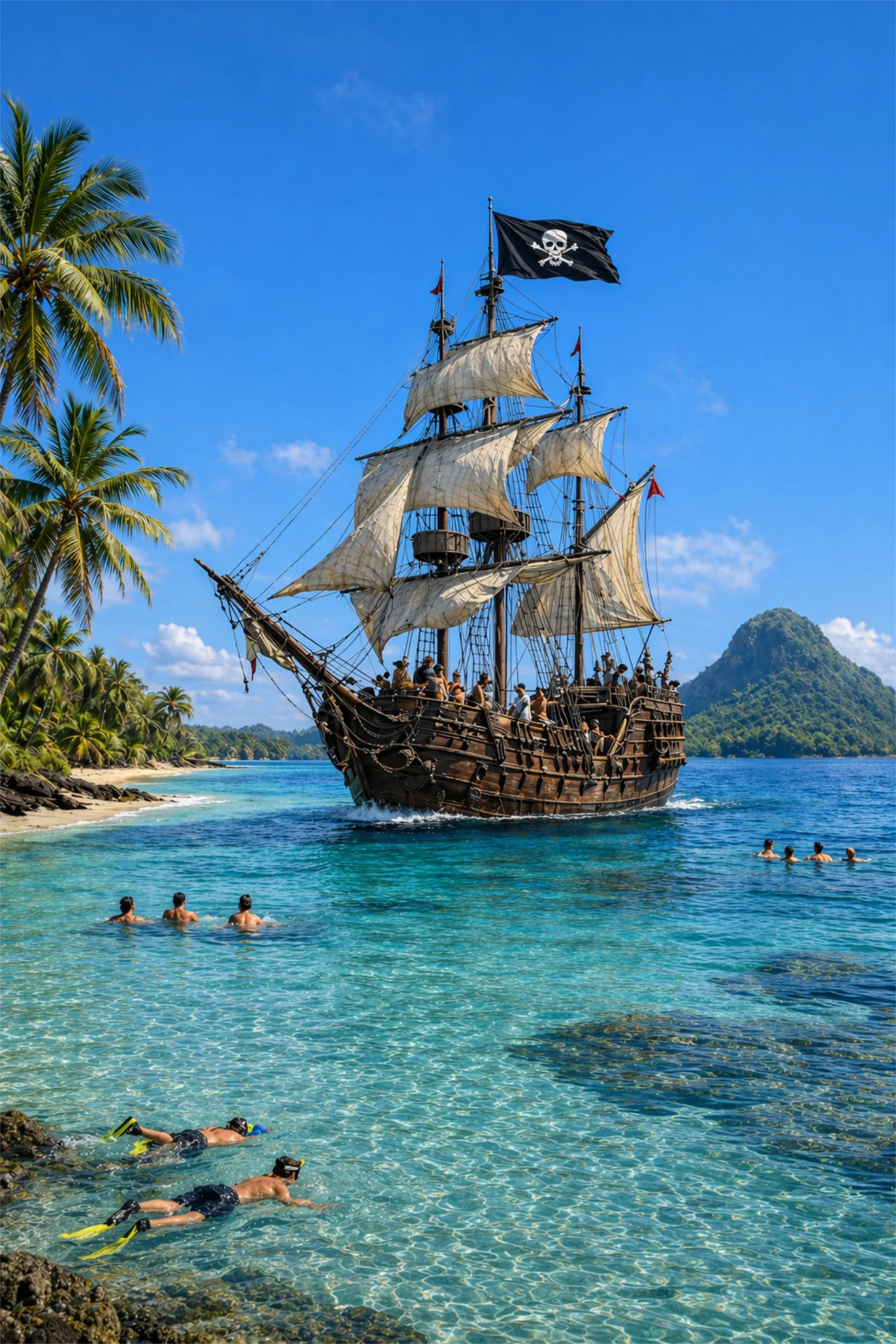 Whale's Tale sailing past swimmers in clear Fiji water